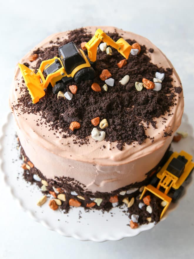 Oreo dirt layer cake with chocolate rocks and mini tractors for my son's 3rd birthday!