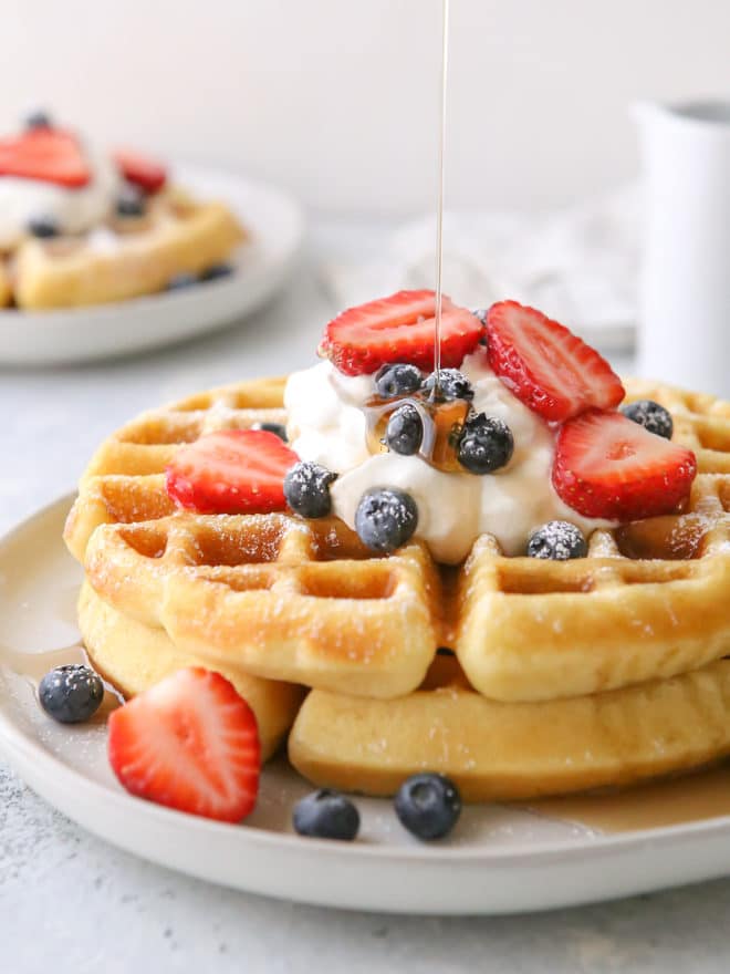 Trial and error has finally lead me here, to the best buttermilk waffle recipe— golden brown and crispy on the outside, but soft and cakey on the inside, all thanks to a secret ingredient you already have in your pantry.