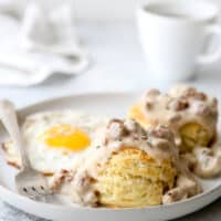 Flaky buttermilk biscuits with homemade sausage gravy is a breakfast no one can resist!