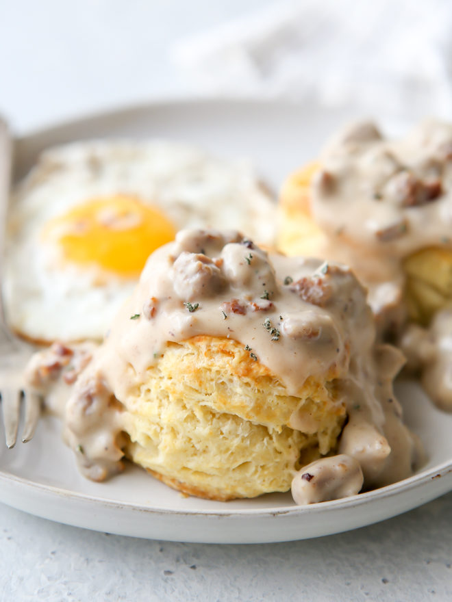 Flaky buttermilk biscuits with homemade sausage gravy is a breakfast no one can resist!