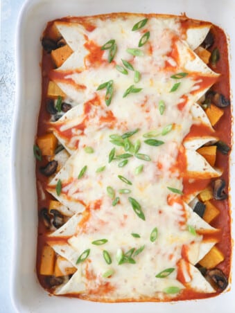 Enchiladas with butternut squash, mushrooms and poblano peppers