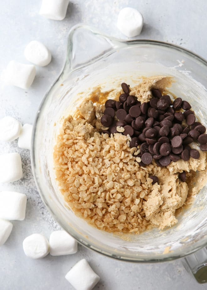 Add marshmallow rice krispie cereal to your chocolate chip cookie dough!