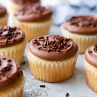 Soft and fluffy vanilla cupcakes with fudge buttercream frosting
