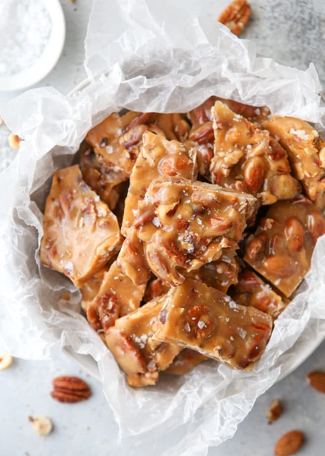 This salted caramel nut brittle is a great holiday treat or edible gift!