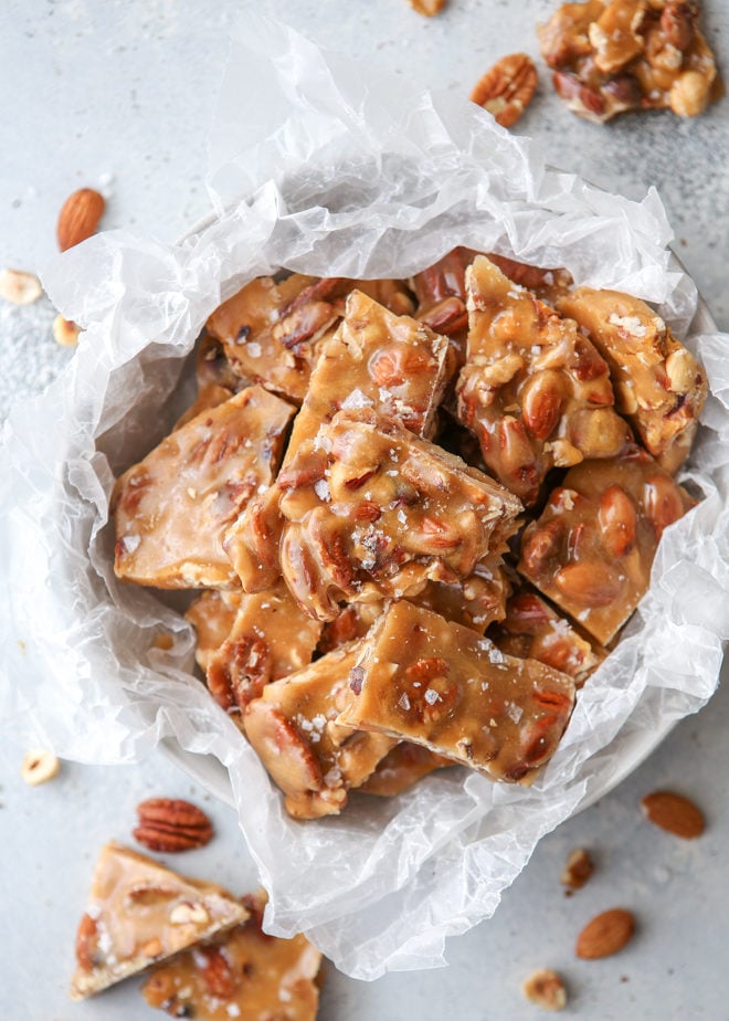 This salted caramel nut brittle is a great holiday treat or edible gift!