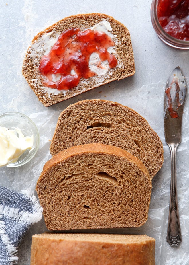 This simple and hearty loaf of bread is made with 100% whole wheat flour.