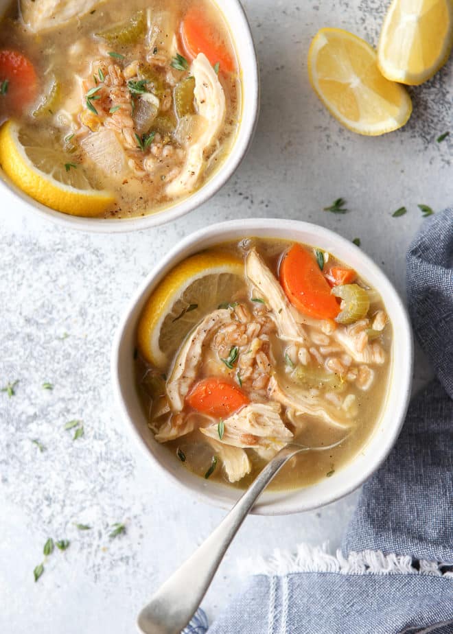 This lemon, chicken, and farro soup is hearty and wholesome!