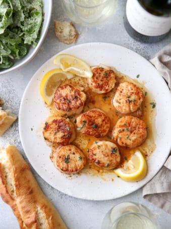 These pan-seared scallops with lemon butter sauce are delicious, elegant, and are ready in less than 10 minutes!