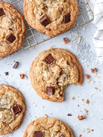 These cookies packed with toasted coconut, pecan, and dark chocolate have crisp edges, chewy centers and irresistible flavor.