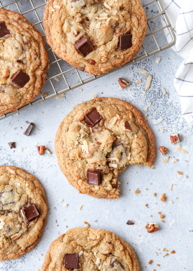 These cookies packed with toasted coconut, pecan, and dark chocolate have crisp edges, chewy centers and irresistible flavor.