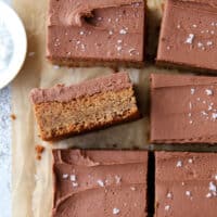 Soft peanut butter bars covered with chocolate frosting— they’re incredibly indulgent!