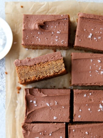 Soft peanut butter bars covered with chocolate frosting— they’re incredibly indulgent!