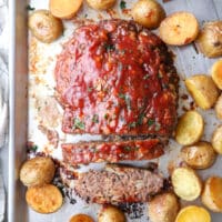 My favorite meatloaf and roasted potatoes cooked together on 1 pan!