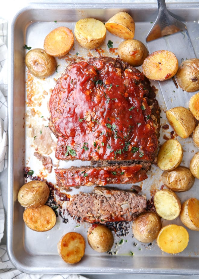 My favorite meatloaf and roasted potatoes cooked together on 1 pan!