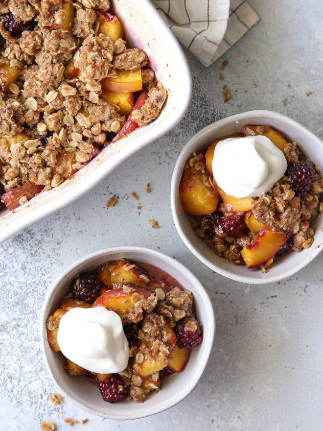 Brown butter is the secret ingredient in this flavorful summer peach and blackberry crisp!