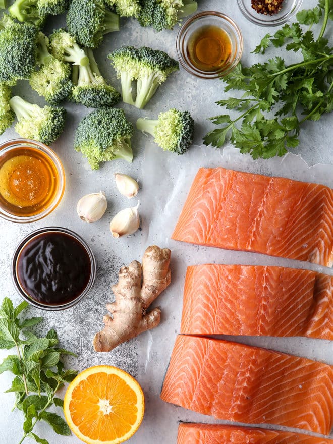 All the ingredients you'll need to make this Asian-glazed sheet-pan salmon and broccoli