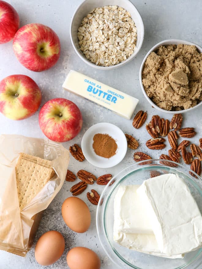 Ingredients needed for caramel apple cheesecake bars