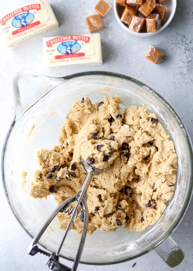 Making caramel stuffed chocolate chip cookies with Challenge Butter