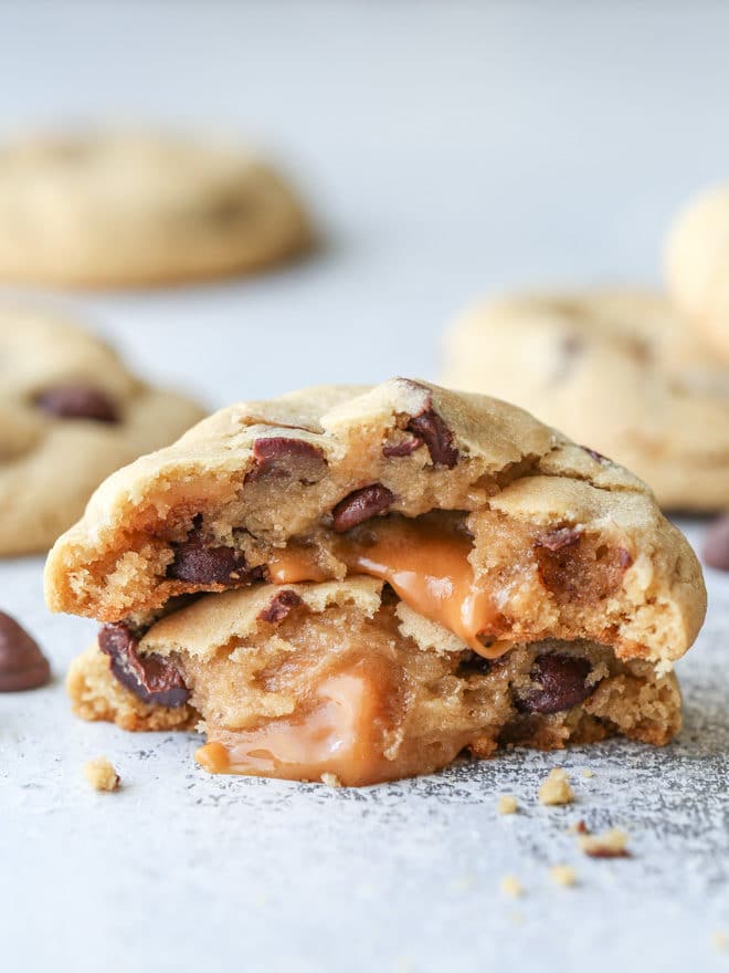 Chocolate chip cookies with a gooey caramel center