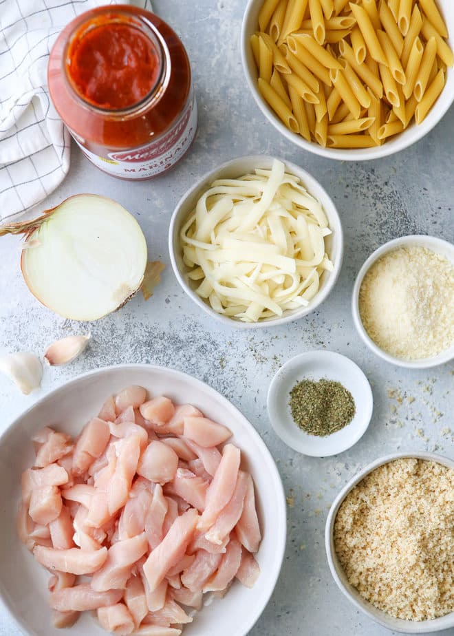 All the ingredients you'll need to make this chicken parmesan pasta skillet