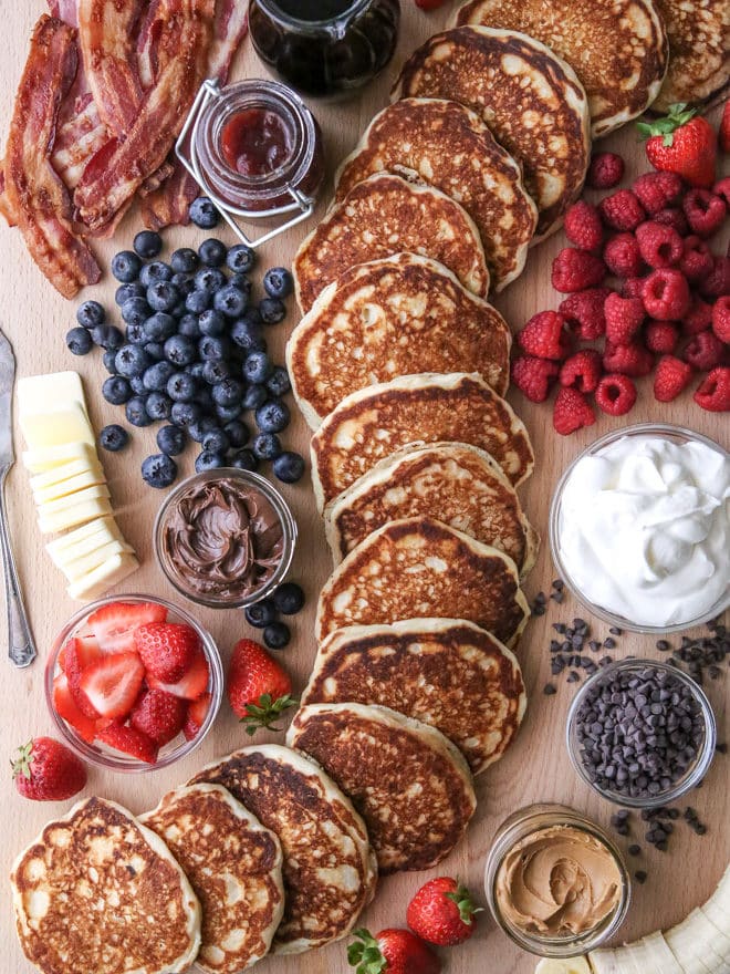 This "build your own" pancake board with all the toppings is the perfect for breakfast, brunch, and even brinner!