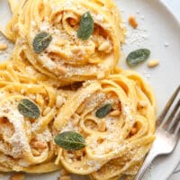 This rich and creamy pumpkin alfredo pasta is made with canned pumpkin puree and a dash of nutmeg.