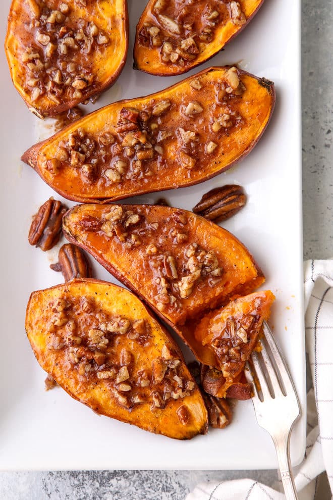 Roasted Sweet Potatoes with Maple Pecan Sauce - Completely Delicious