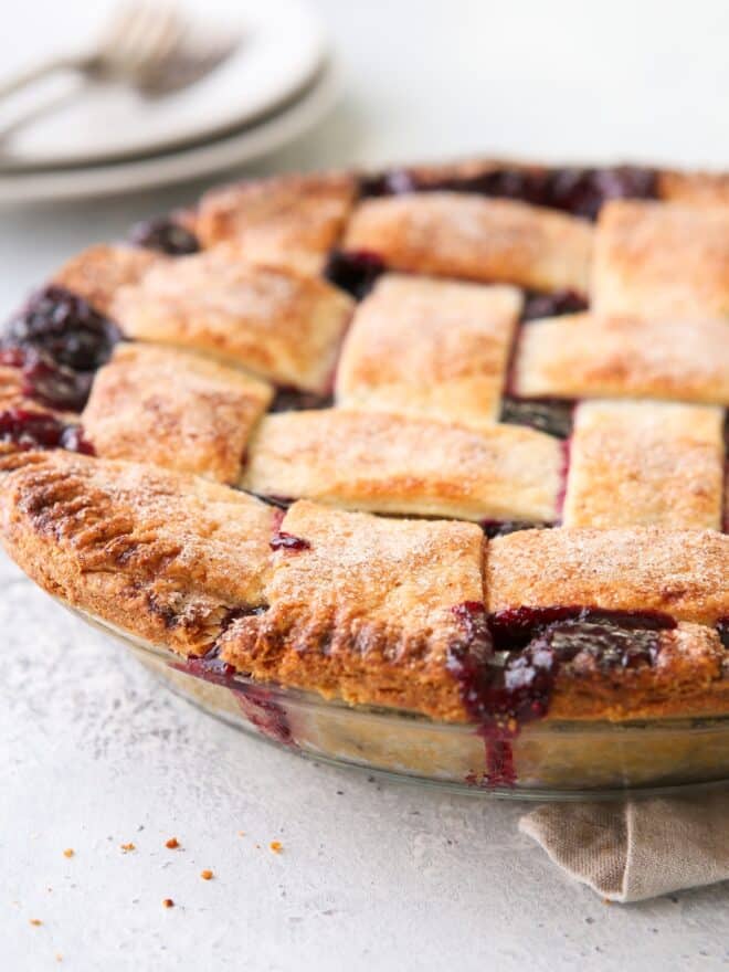 closeup of cranberry blueberry pie baked