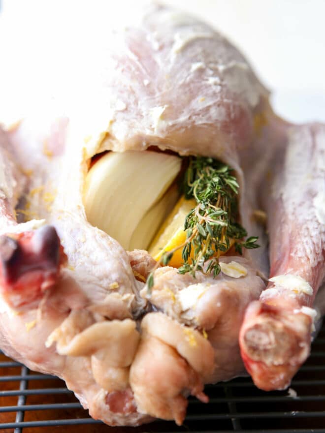 closeup of turkey stuffed with aromatics