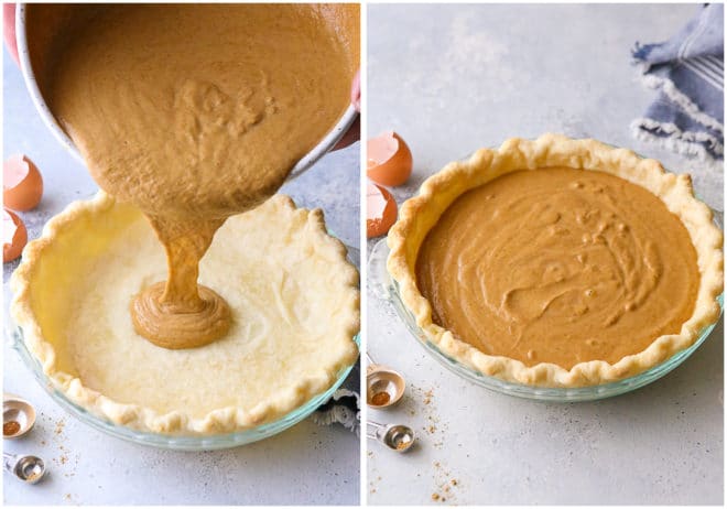 Adding pumpkin pie filling to a parbaked crust