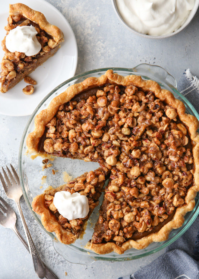 Pumpkin pie with nut praline is a delicious twist on the classic that's perfect for your holiday table!