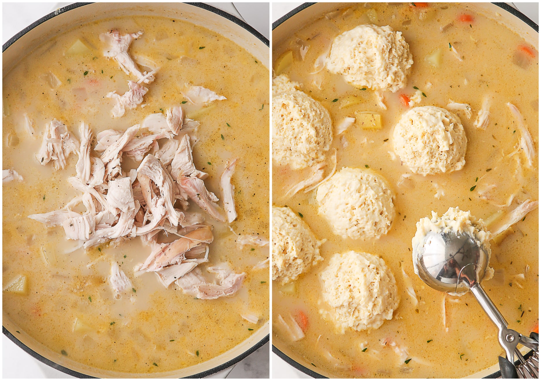 adding turkey and dumplings to soup