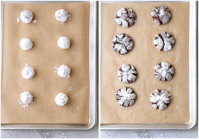 chocolate crinkle cookies, before and after