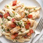 This chicken bacon ranch pasta is an easy meal the whole family will love. It's filled with chicken breast, crispy bacon, fresh herbs, and smothered with a rich sour cream sauce.