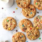 These extra-large monster cookies are the ultimate cookie! They're packed with M&Ms, oats, chocolate chips, peanuts, and crispy rice cereal. 