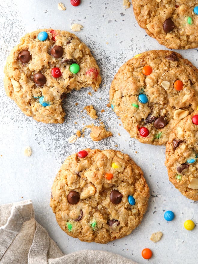 These extra-large monster cookies are the ultimate cookie! They're packed with M&Ms, oats, chocolate chips, peanuts, and crispy rice cereal. 