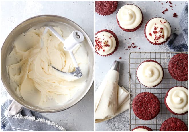 Frosting classic red velvet cupcakes with cream cheese frosting