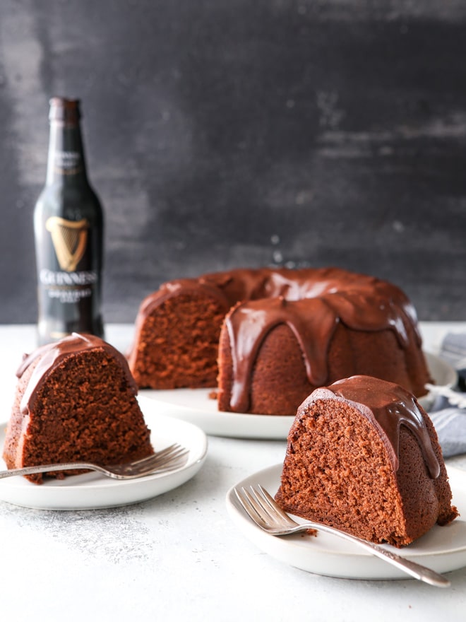 This chocolate stout bundt cake is moist, chocolaty, and has a bottle of Guinness beer baked right in!