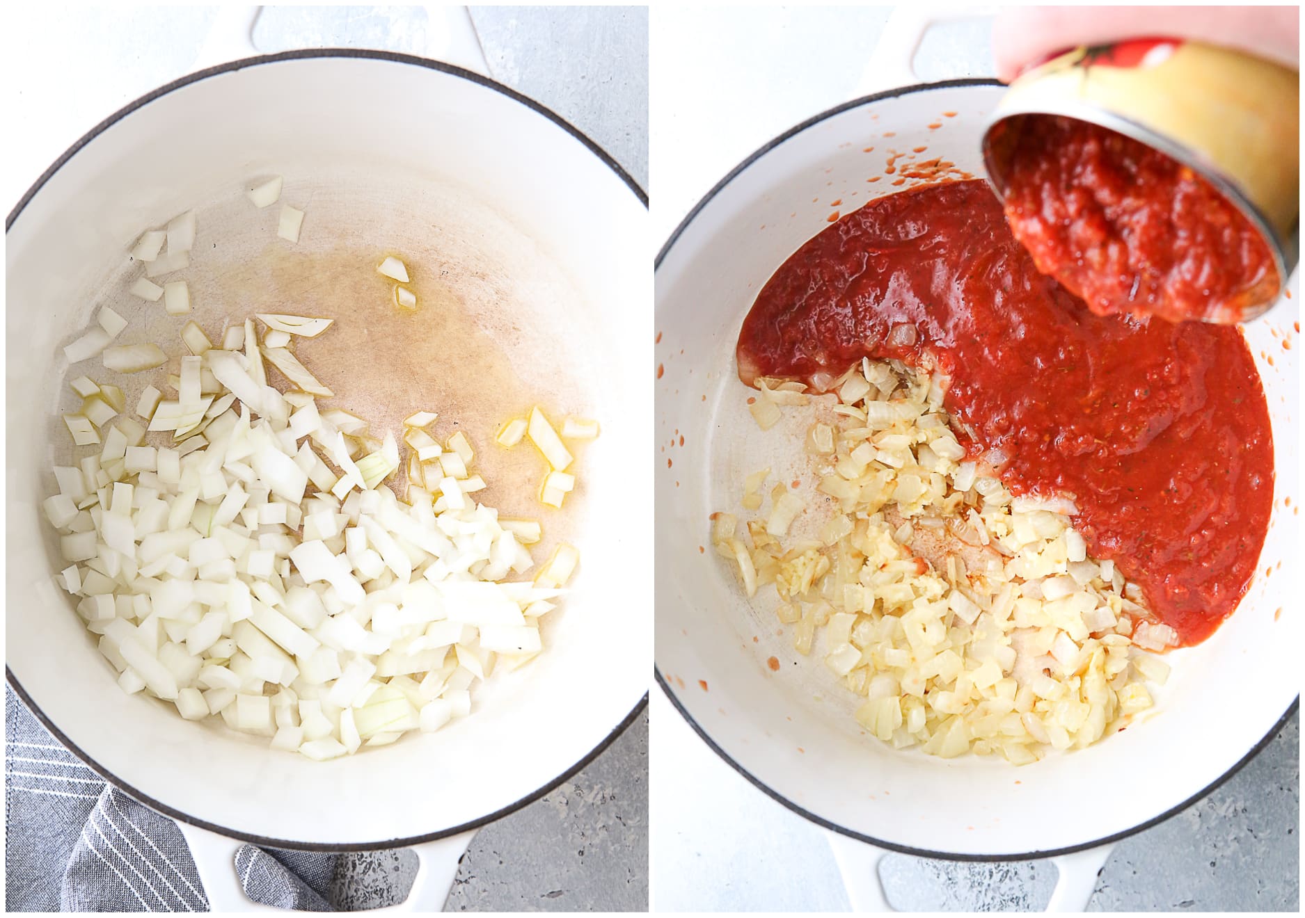 sauteing onions and adding tomatoes