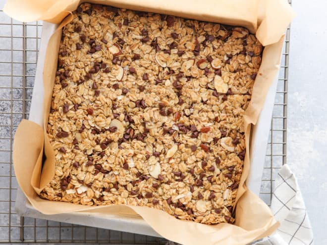Chewy chocolate chip granola bars fresh from the oven