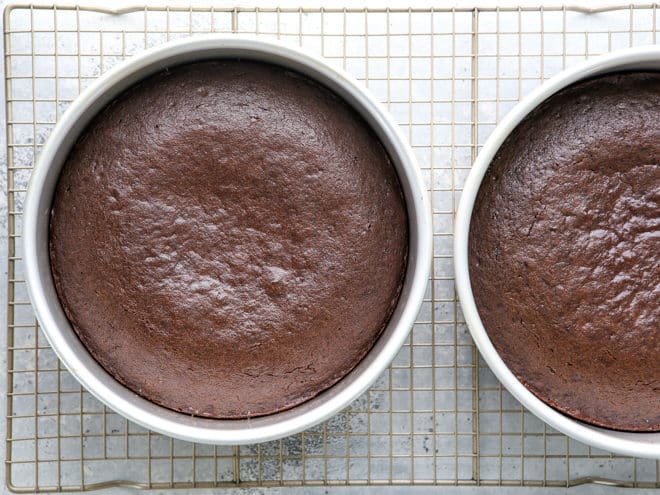 chocolate sour cream cakes out of the oven