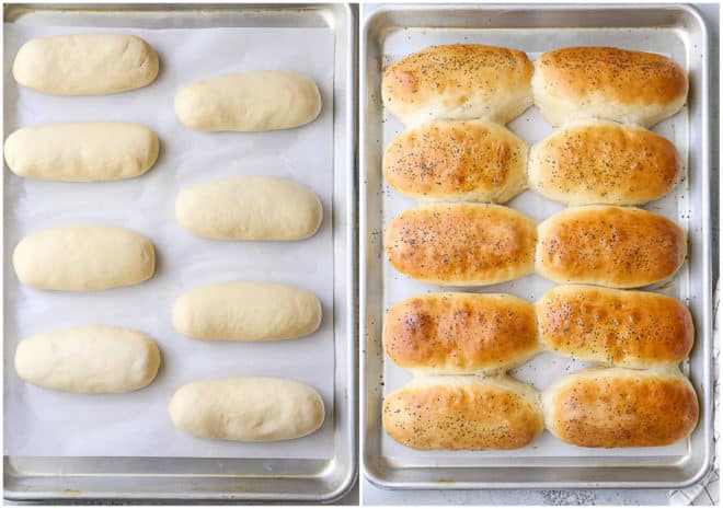 Homemade hot dog buns, before and after baking