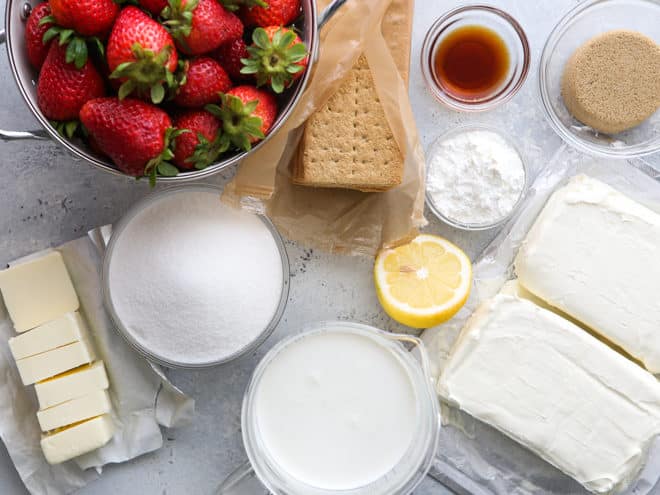 Ingredients for no-bake strawberry cheesecake bars