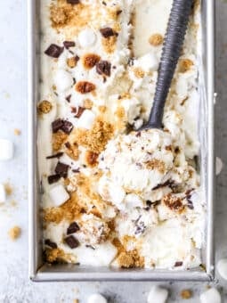 This super easy and delicious no-churn s'mores ice cream is filled with graham cracker crumble, chocolate chunks, and toasted marshmallows.