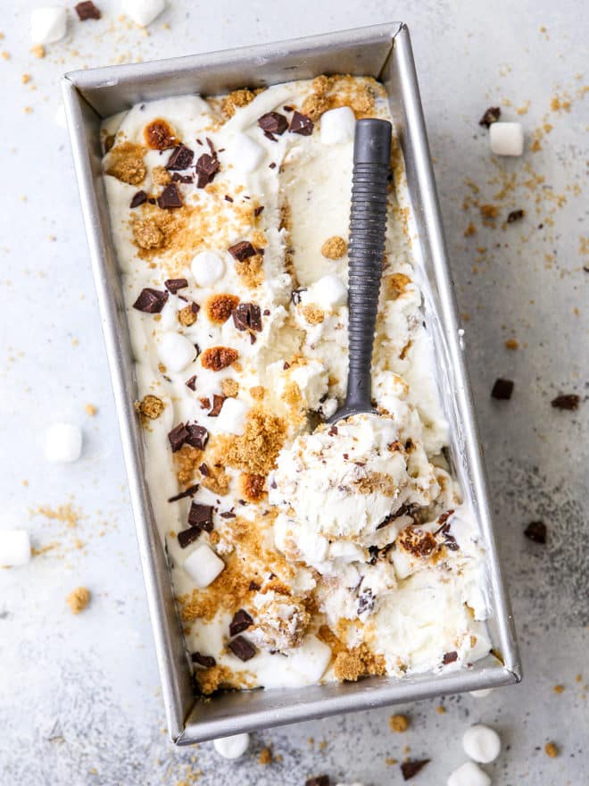 This super easy and delicious no-churn s'mores ice cream is filled with graham cracker crumble, chocolate chunks, and toasted marshmallows.