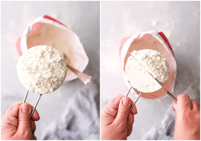 heaping measuring cup full of flour, leveling flour with a knife