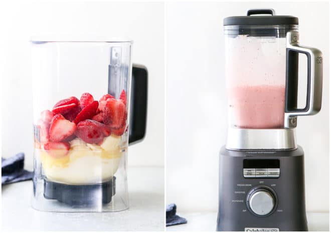mixing strawberry banana smoothie in mixer