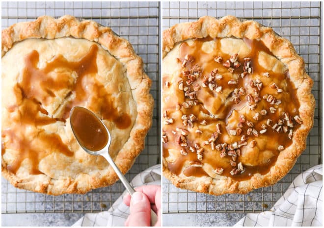 putting caramel topping and pecans on top of baked pie