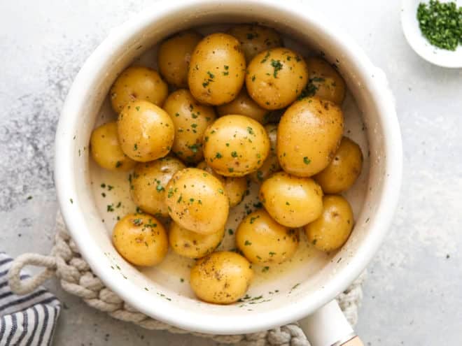 buttery boiled potatoes in pot