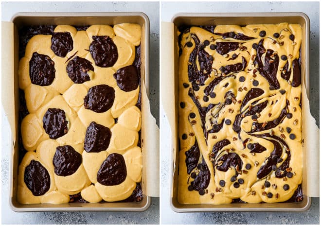 swirling cheesecake batter and brownie batter in baking pan